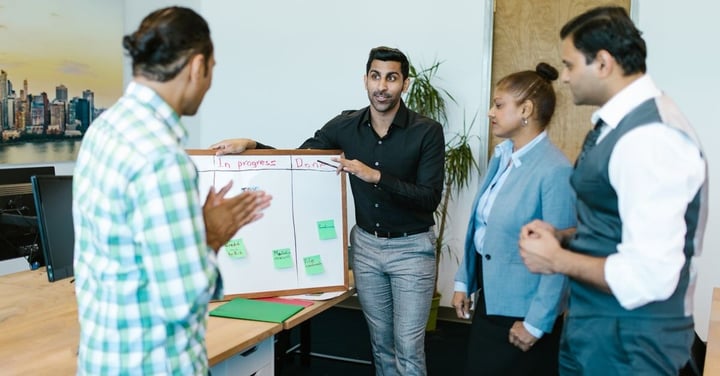 Coworkers gather around a whiteboard with In progress and Done columns and sticky notes for a project plan