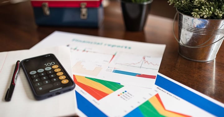 Printed financial report with colored charts and a phone calculator on a wooden desk
