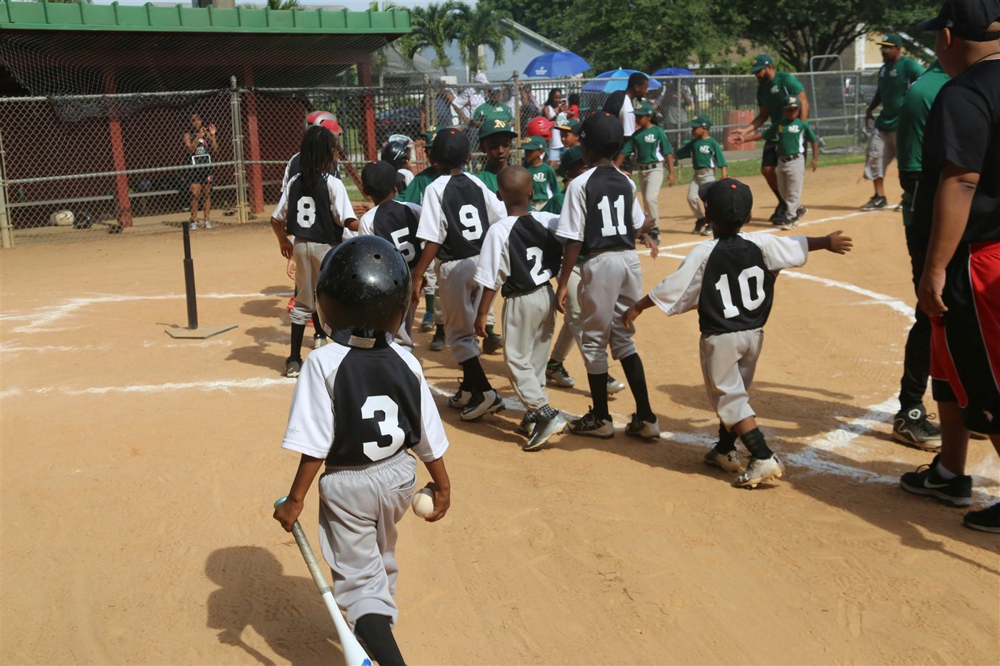 Youth baseball team in uniforms walking toward home plate
